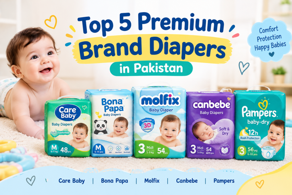Top 5 premium brand diapers in Pakistan including Care Baby, Bona Papa, Molfix, Canbebe and Pampers